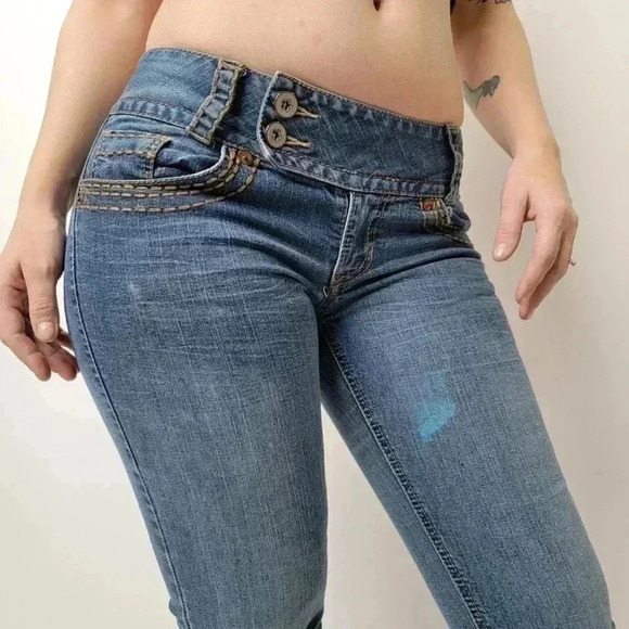 Vintage y2k Fragile Distressed Low Rise Flared Bell Blue Jeans - 7 - Picture 11 of 13
